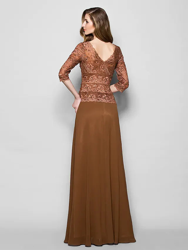 Wholesale A-Line Mother of the Bride Dress V Neck Floor Length Lace Georgette Length Sleeve with Lace Beading